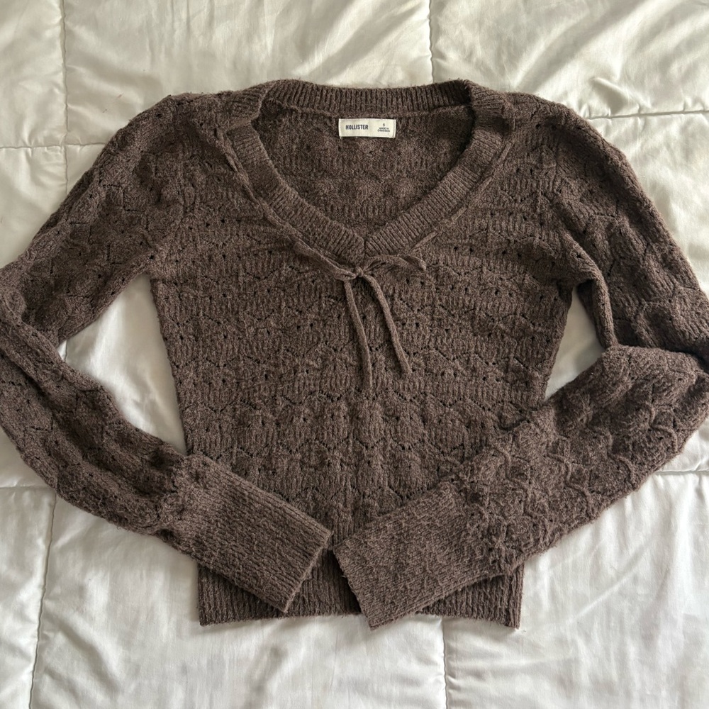 Hollister Women's Chocolate Brown Knit V-Neck Sweater with Front Tie